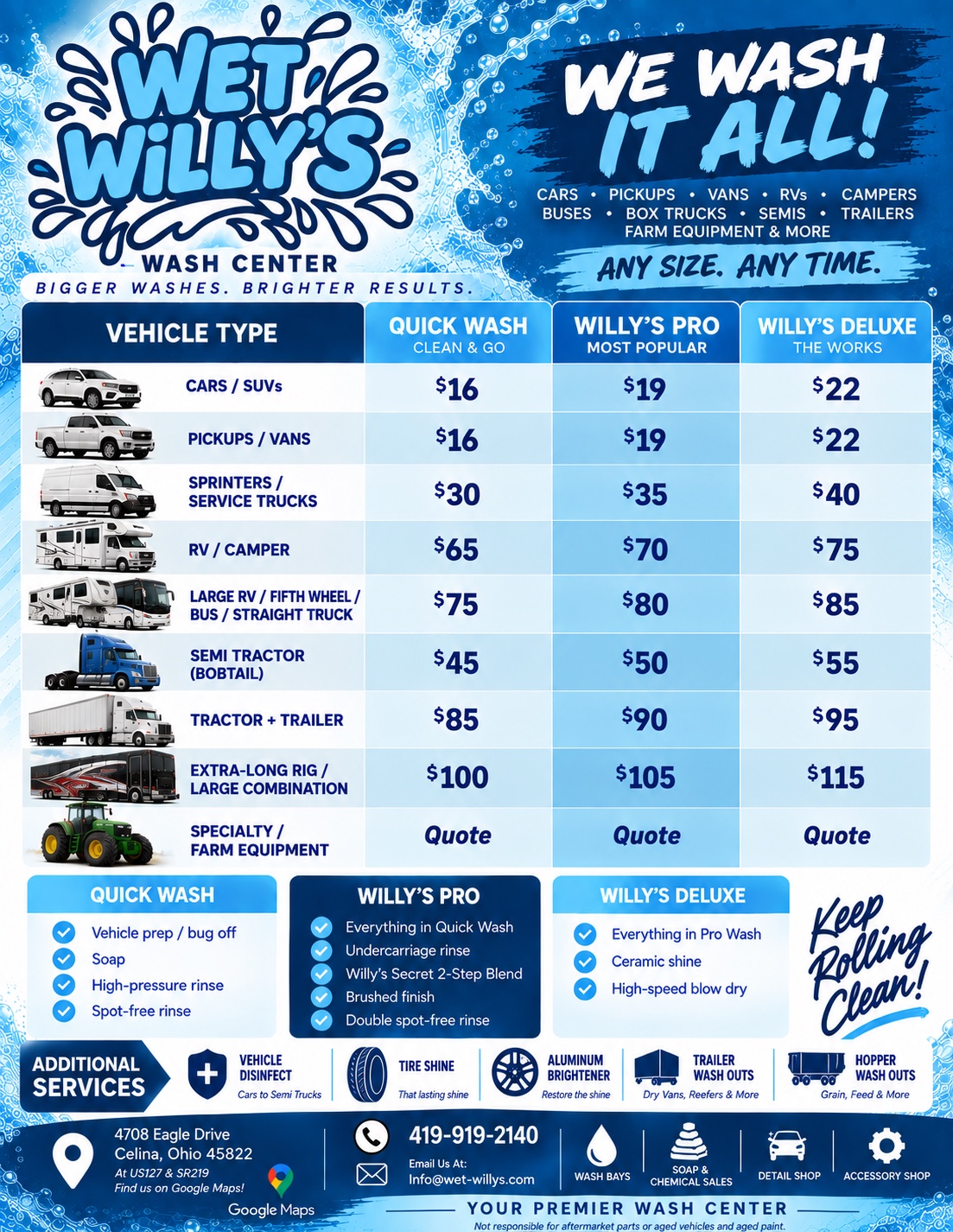 Wet Willy’s Wash Center wash bay pricing for cars, SUVs, pickups, vans, sprinters, service trucks, RVs, campers, buses, straight trucks, semis, tractor trailers, extra-long rigs, and specialty or farm equipment